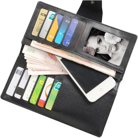 ✨ Shinywear Leather Card Holder Women Black Long Skull Studded Genuine Wallet - Picture 3 of 5